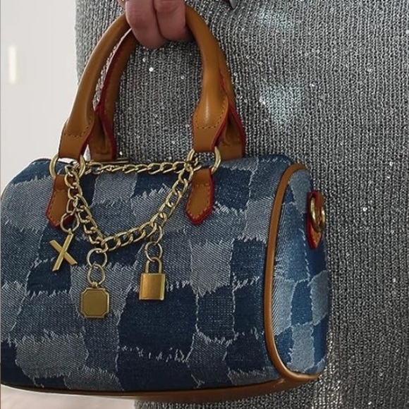 Denim patchwork mini barrel bag with charms and vegan leather handles - Picture 3 of 4